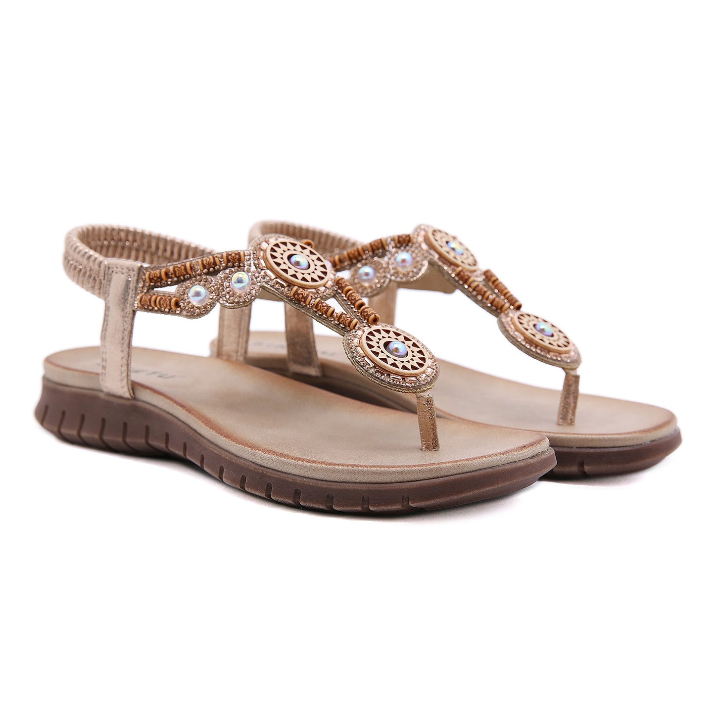 SIKETU | BEADED BOHO APPLIQUE T-STRAP THONG - CHAMPAGNE