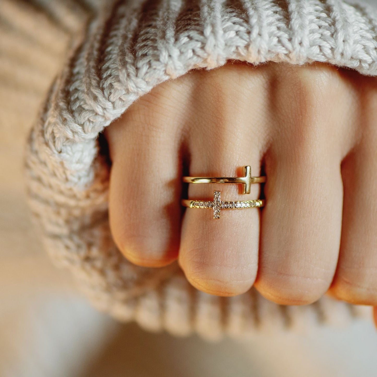 Gold Twin Band Cross Ring