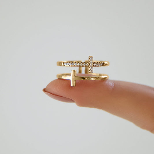 Gold Twin Band Cross Ring