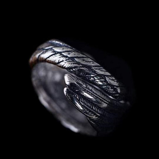 CARVED FEATHER SILVER RING