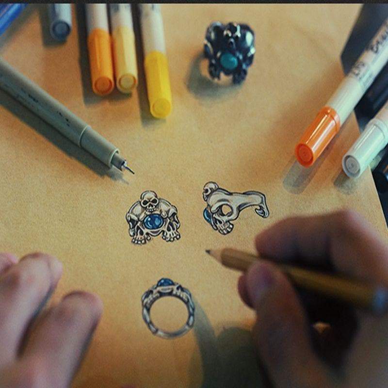 HANDMADE THREE SKULL TURQUOISE SILVER RING