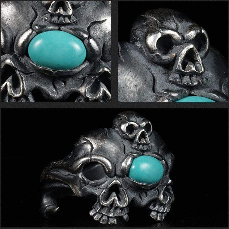HANDMADE THREE SKULL TURQUOISE SILVER RING