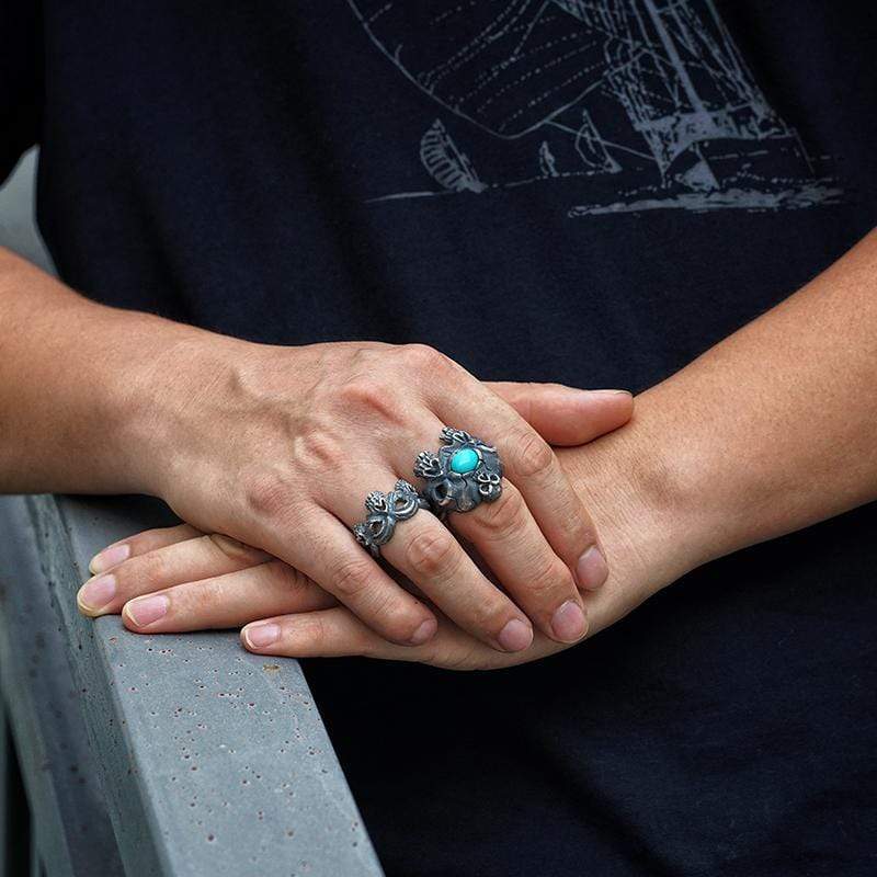 HANDMADE THREE SKULL TURQUOISE SILVER RING