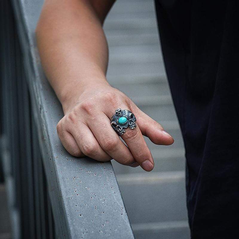 HANDMADE THREE SKULL TURQUOISE SILVER RING