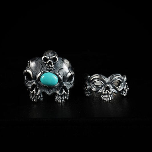 HANDMADE THREE SKULL TURQUOISE SILVER RING