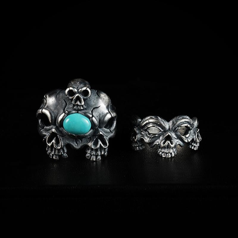 HANDMADE THREE SKULL TURQUOISE SILVER RING