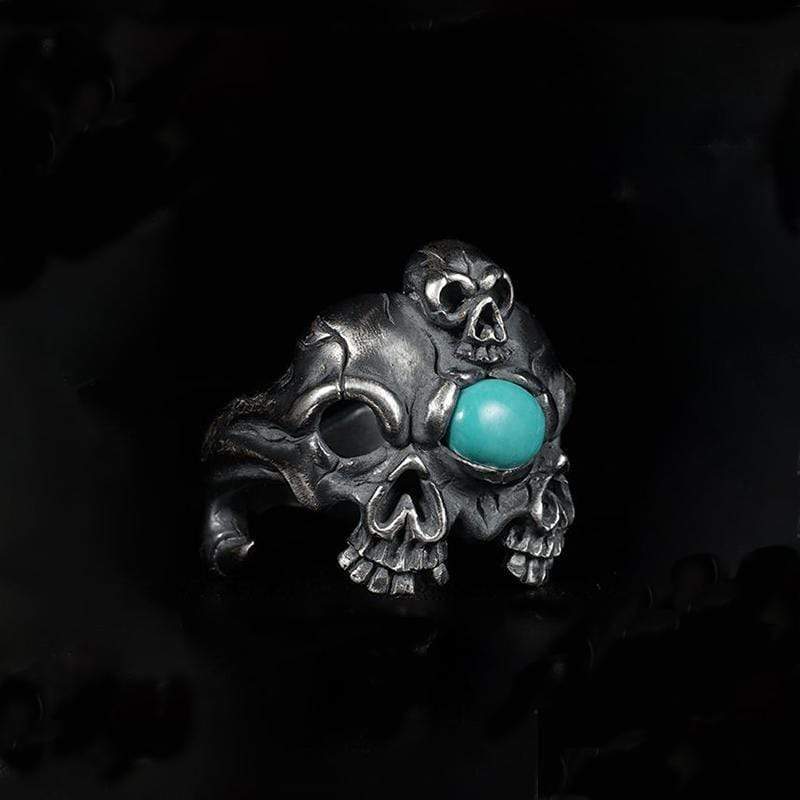 HANDMADE THREE SKULL TURQUOISE SILVER RING