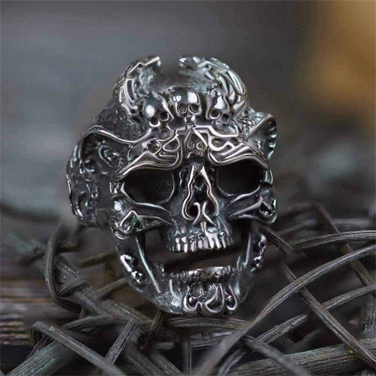 RUBY & SAPPHIRE EYE STAINLESS STEEL SKULL RING