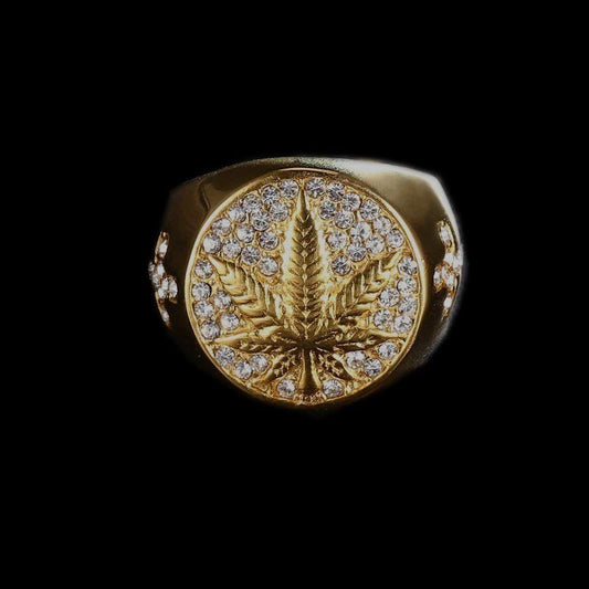 HIPHOP LEAVES WITH DIAMONDS STAINLESS STEEL RING