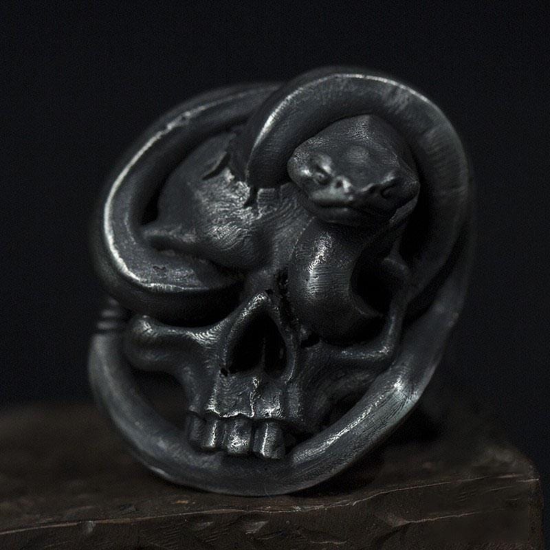 SKULL & COILED SNAKE STAINLESS STEEL RING