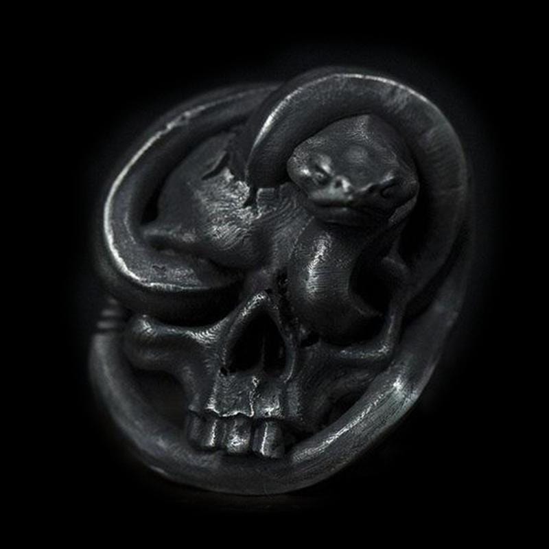 SKULL & COILED SNAKE STAINLESS STEEL RING