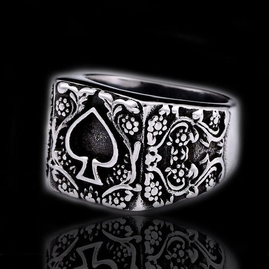 VINTAGE CARVED POKER STAINLESS STEEL RING