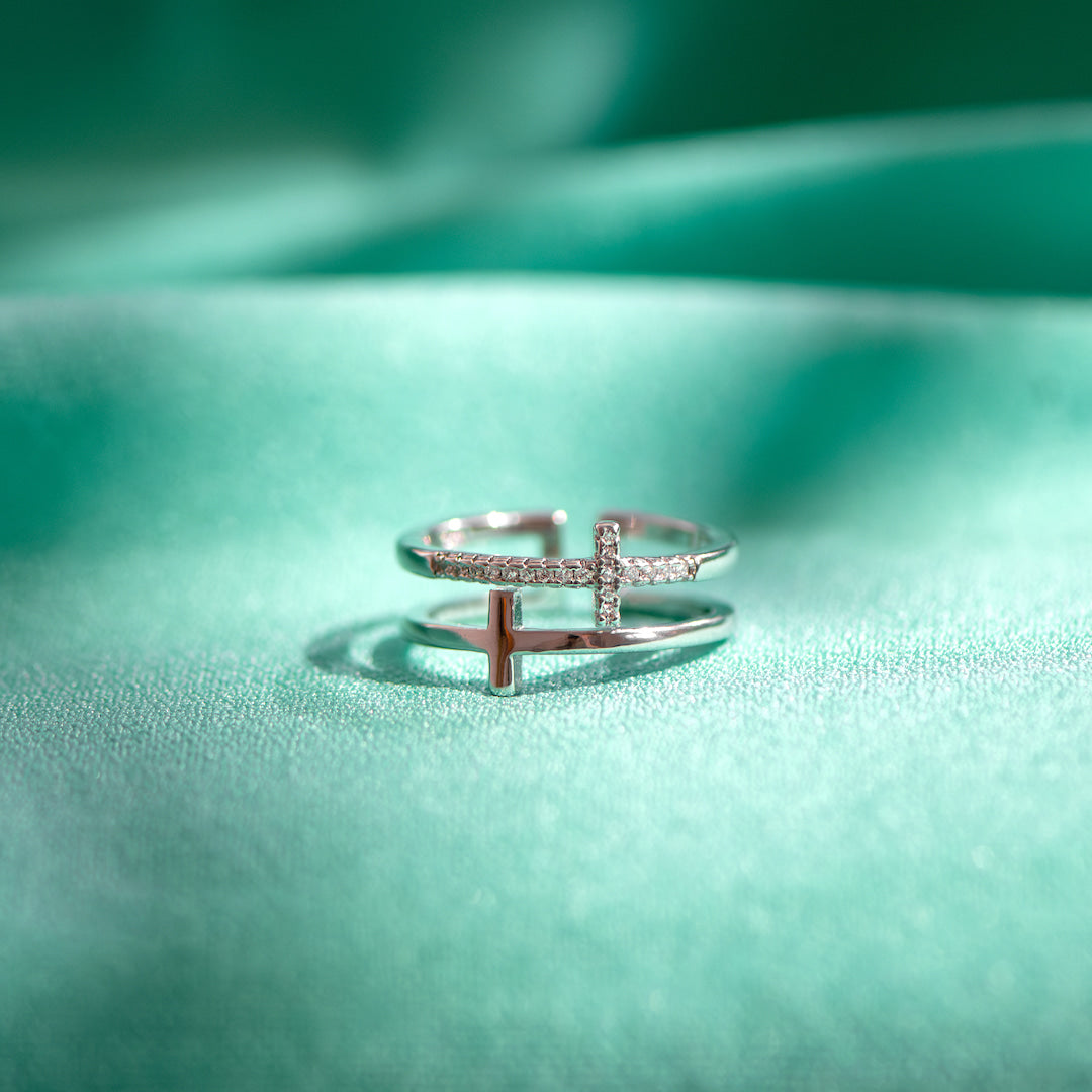"Pray Through It" Twin Band Cross Ring