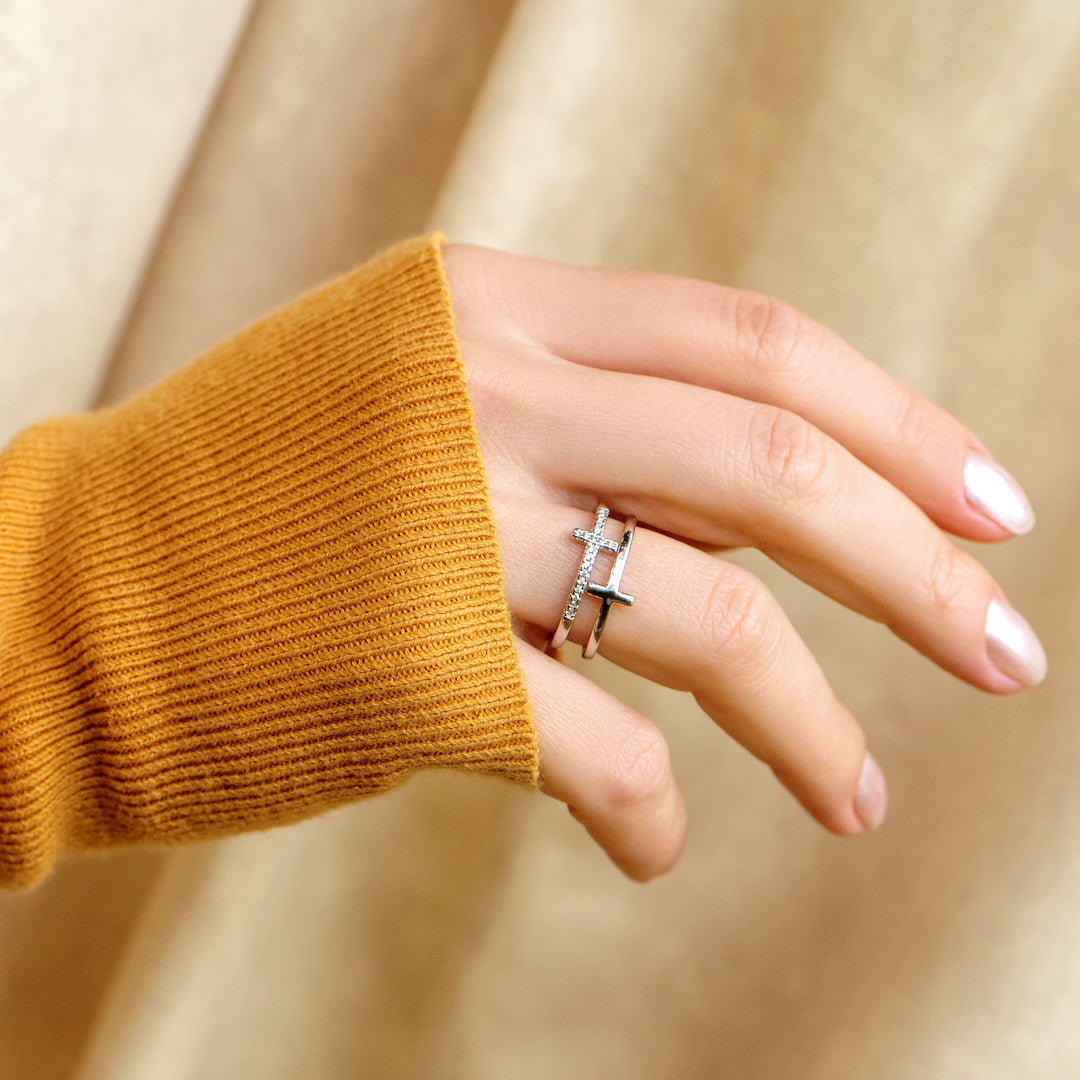 "Pray Through It" Twin Band Cross Ring