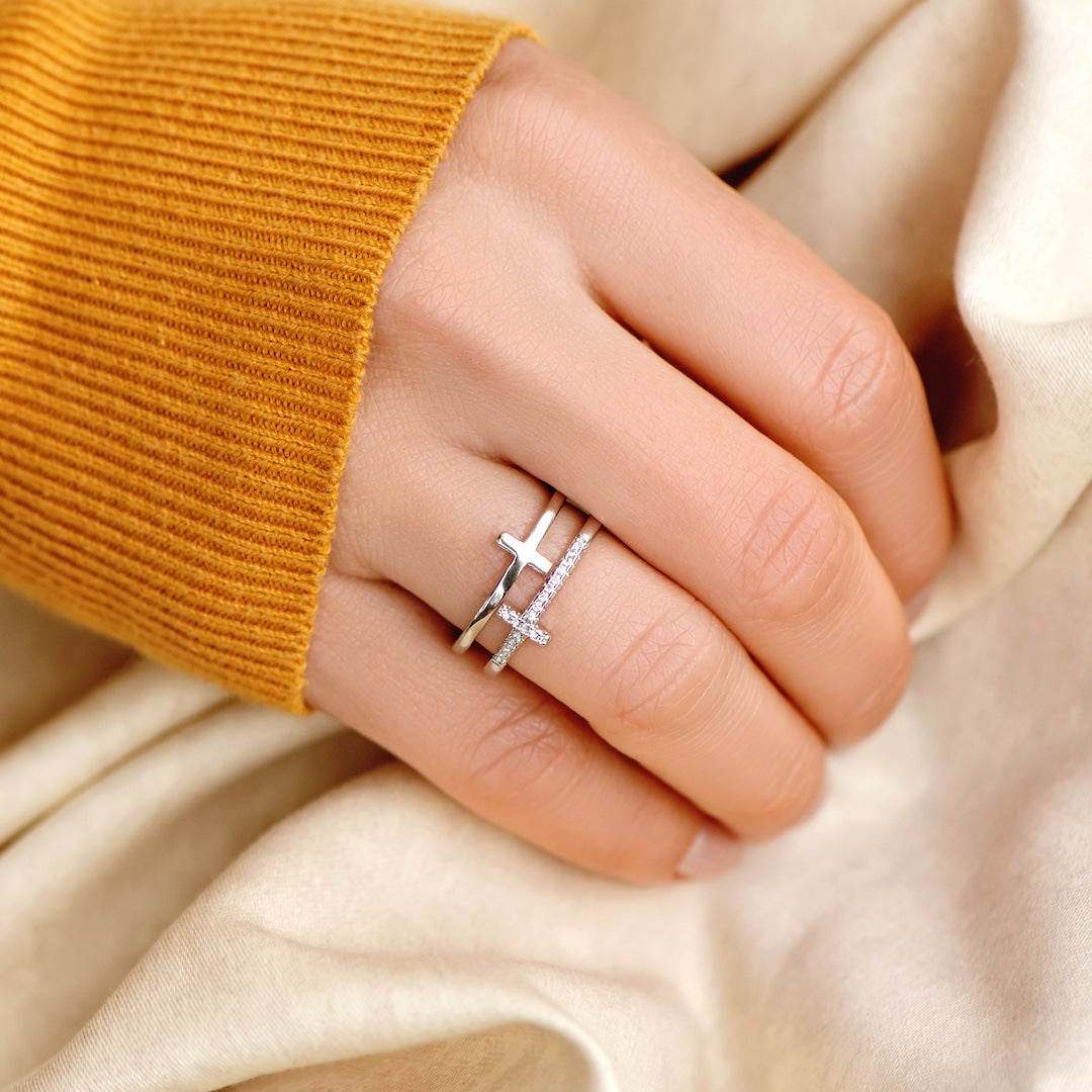 "Pray Through It" Twin Band Cross Ring