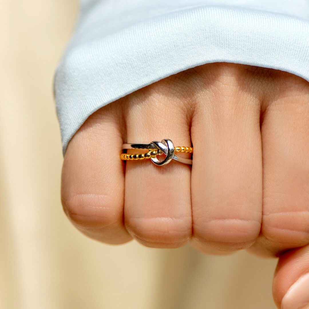 Tied By Angle's Hands - Double Band Heart Knot Ring