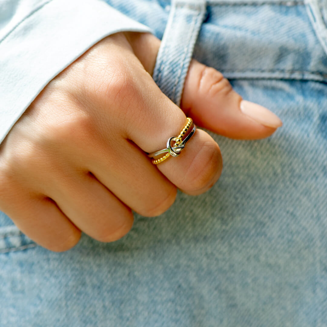 Tied By Angle's Hands - Double Band Heart Knot Ring