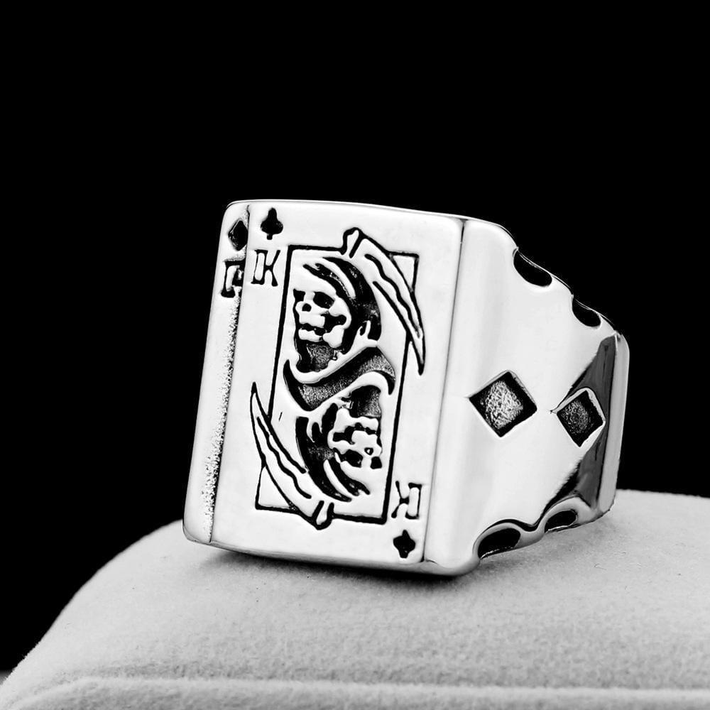 ANILLO DE CALAVERA DE ACERO INOXIDABLE CON HOZ DE LA MUERTE DE POKER