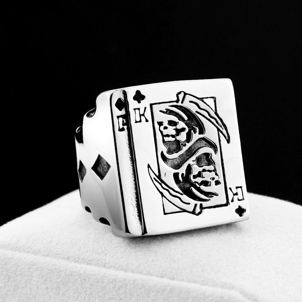 ANILLO DE CALAVERA DE ACERO INOXIDABLE CON HOZ DE LA MUERTE DE POKER